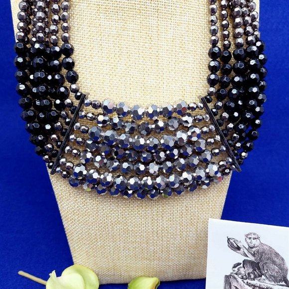 Necklace Bib Collar 7 Strand Multi-facet Beads Silver Black Fashion Jewelry 16" - Picture 2 of 7